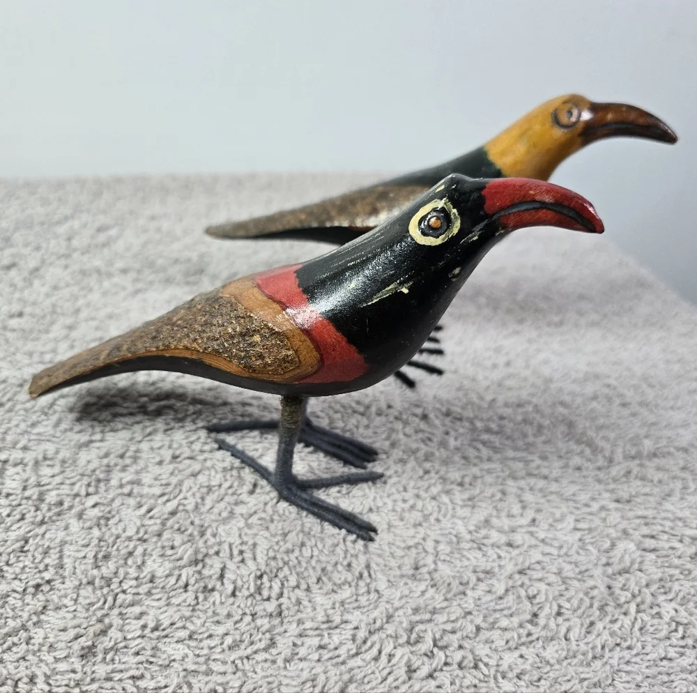 Handcrafted Wooden Bird Figurines - Red, Black, Brown